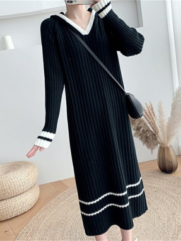 Urban Coffee Hooded V-Neck Long Sleeve Striped Knit Dress AN1051