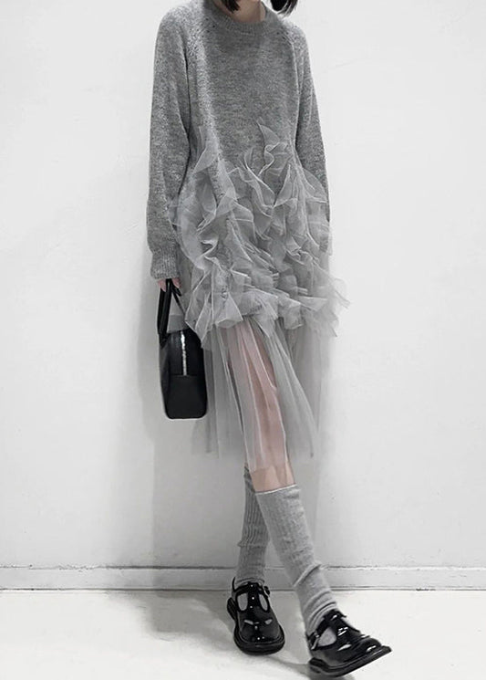 Art Grey Ruffled Solid Tulle Patchwork Knit Dress Fall