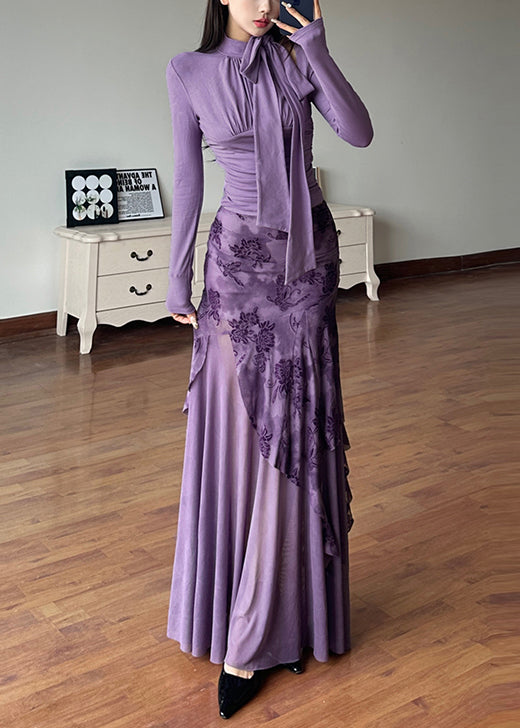 Purple Up Two-Piece Tulle Lace Tops And Skirts Novelty Patchwork