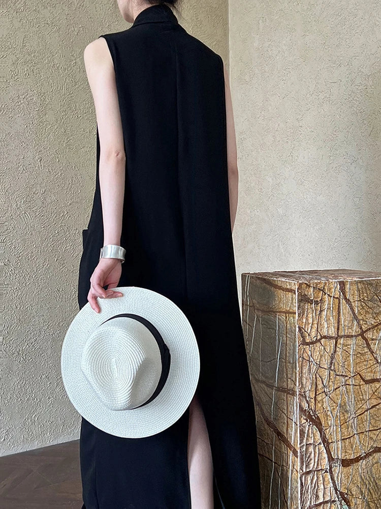 Elegant Sleeveless Midi Draped with Dress Pockets