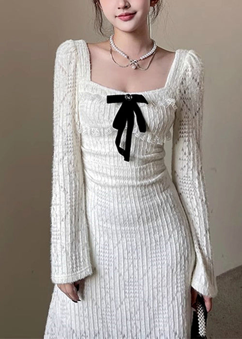 Collar Square Spring White Elegant Cotton Hollow Dresses Long Out
