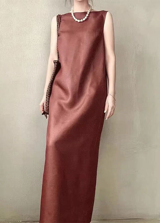 Back Red Side Silk Sleeveless Open Long Dress Pockets Elegant