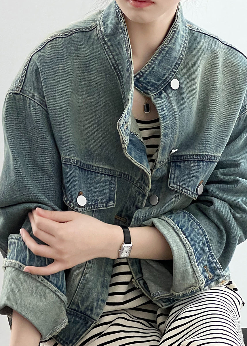 Fashion Blue Stand Collar Pockets Denim Short Coat Fall AF1029