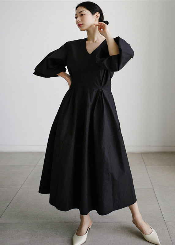 Lantern Dress Cotton Black Vacation Wrinkled Sleeve Pockets