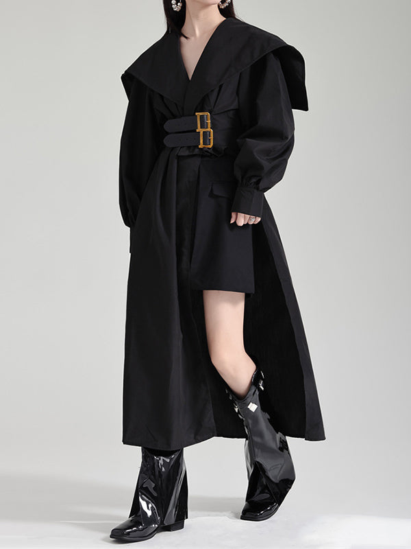 High Belted Pleated Lapel Long Black Asymmetric Waisted Modern