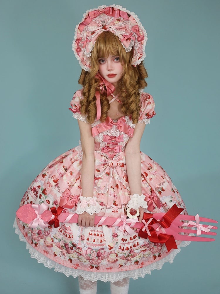 Strawberry Lolita Pink Bow Set Dress Print Cake Full Sweet Accents /