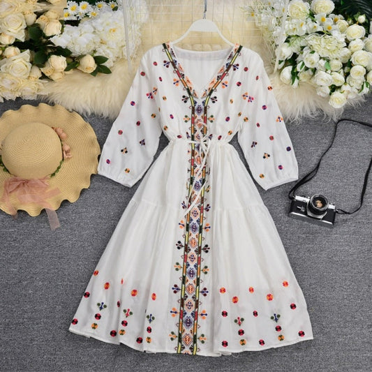 Boho White V-neck Floral Embroidery Lace-up Three-quarter Sleeves Dress