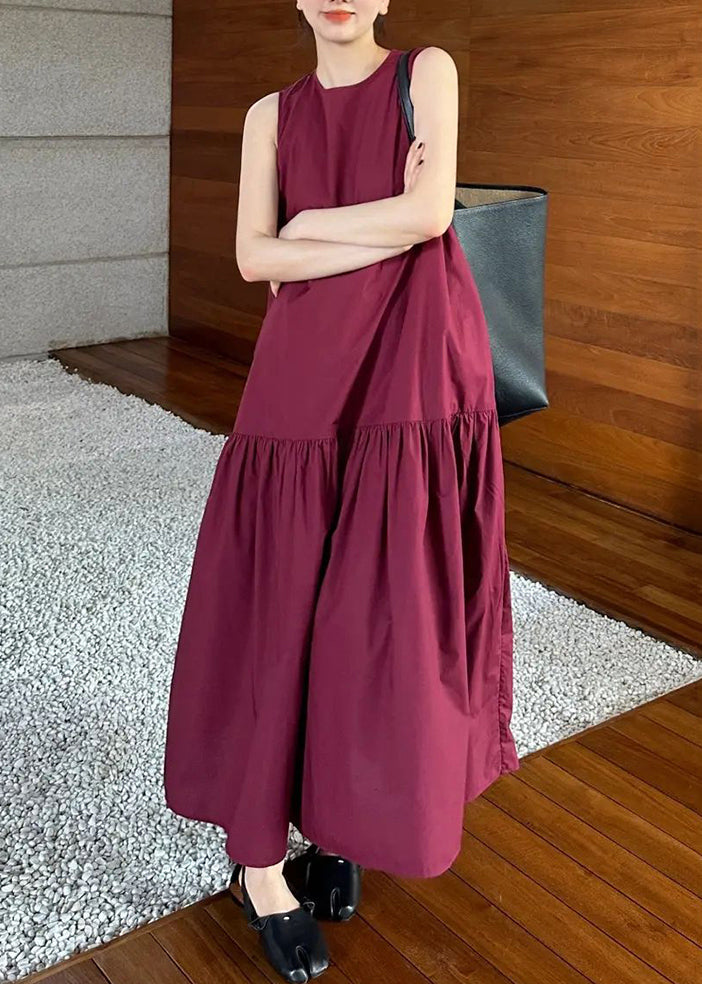 Dresses Wrinkled Solid Cotton Wine Long Pockets Simple Red