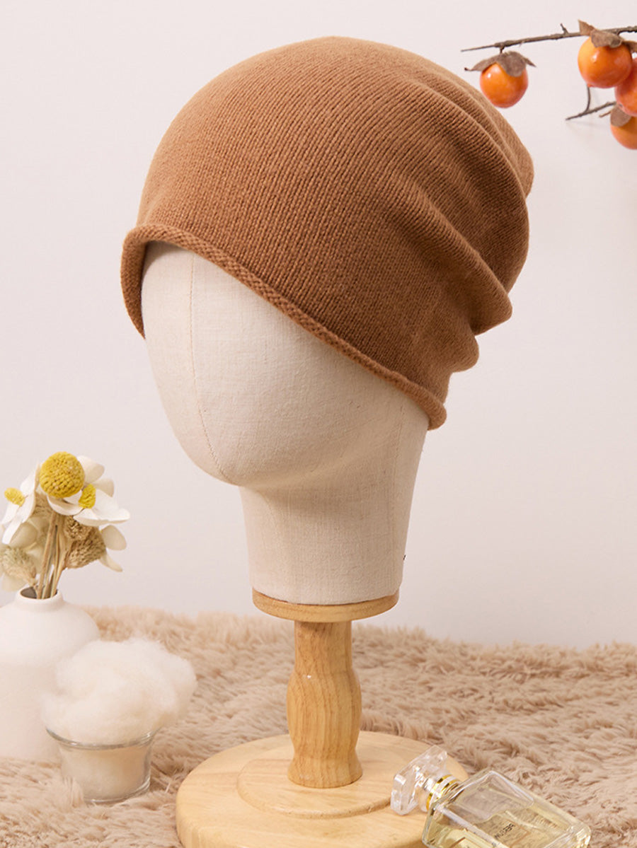 Winter Casual Solid Hemming 100%Cashmere Kintted Hat AX1065