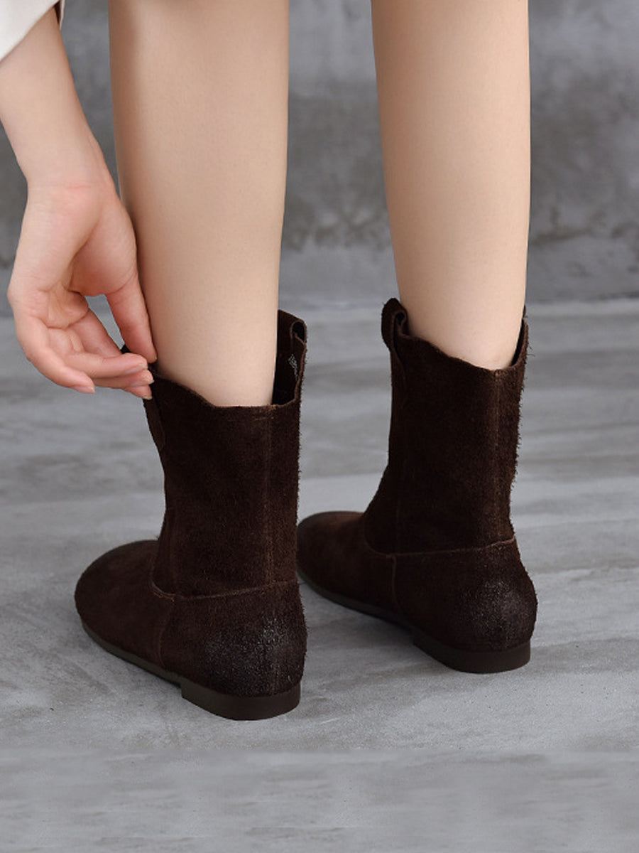 Spliced Low Boots Vintage Women Genuine Leather Heel