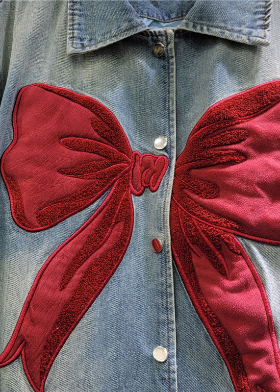 Button New Pan Denim Blue Bow Collar Coat Peter Spring