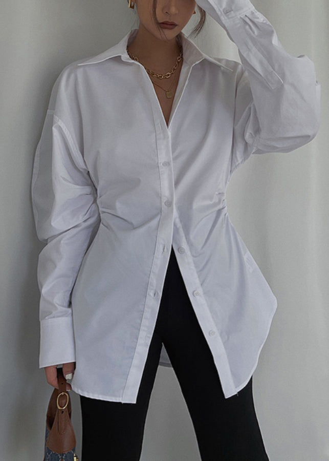 Spring Casual White Cotton Cinched Tops Blouse