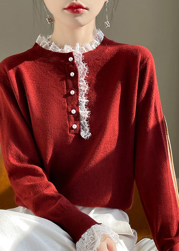 Chic Red Lace Patchwork Wool Knit Sweaters Fall QP065