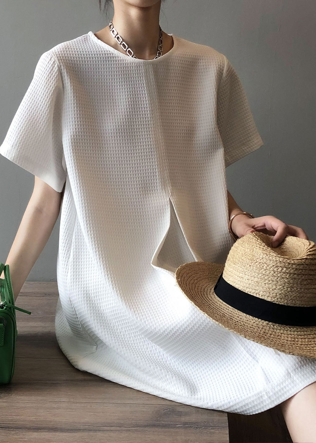 White Simple Cotton Mid Dresses O Neck Summer AF1063