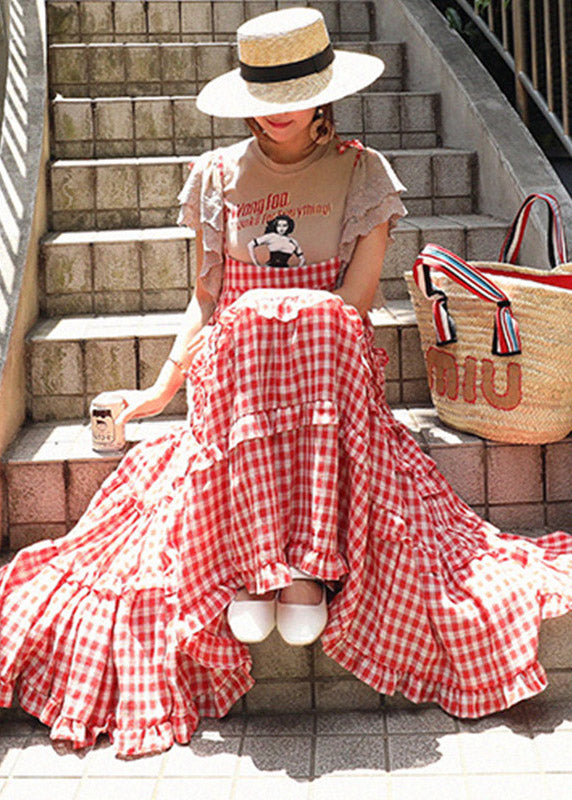 Plaid Button Red Slash neck Stylish Sleeveless Layered Dresses