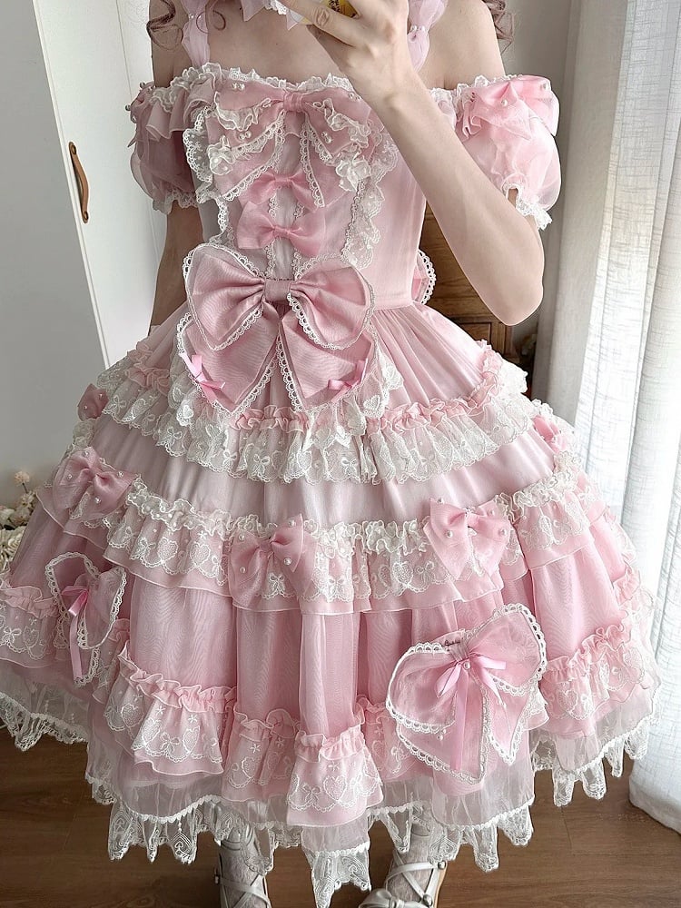 Dress Details Pink Bow Sweet at Big Accents Princess with Back Bead Lolita and