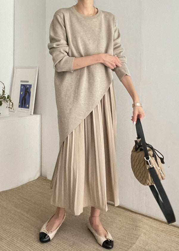 Set Piece Dress Knit Two Asymmetrical Beautiful Wrinkled Khaki