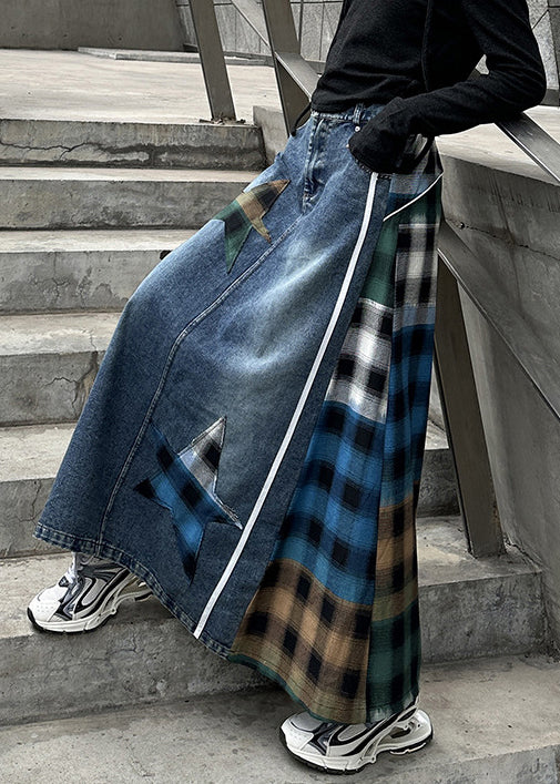 Spring Patchwork Plaid High Denim Waist Blue Loose Skirt