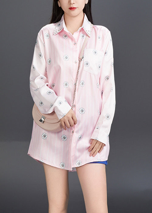 Art Pink Peter Pan Collar Print Cotton Shirt Fall AJ1006