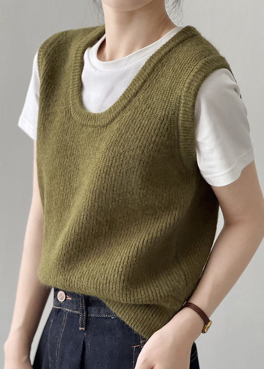 2024 Simple Versatile Green U Neck Knitted Vest Autumn WD016