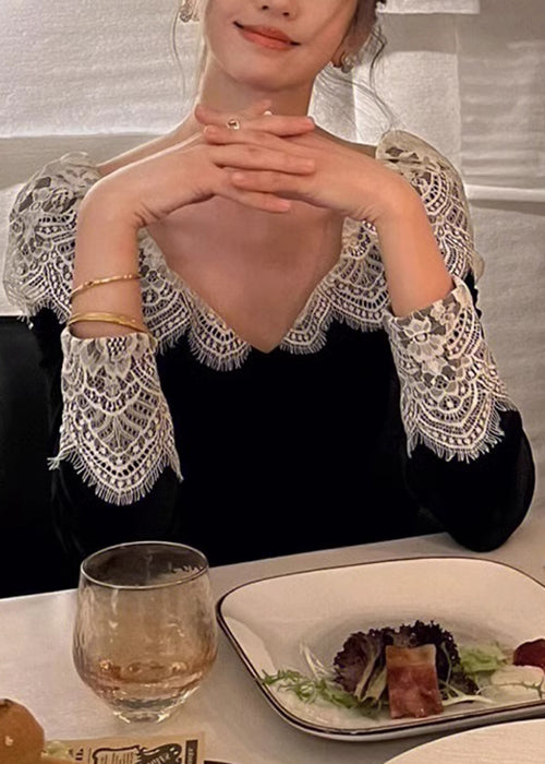 Neck Black V Velvet French Silk Patchwork Dresses Lace Spring