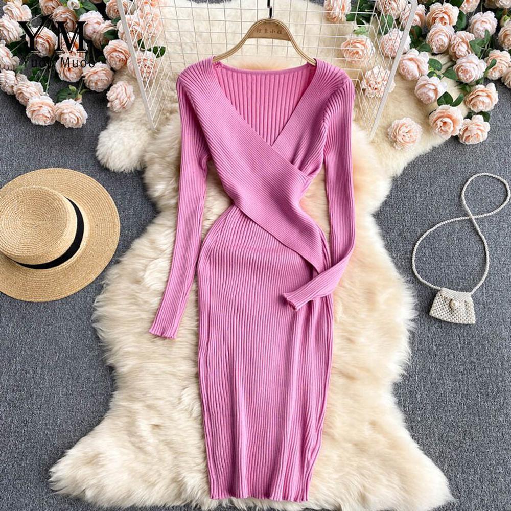 Sexy Pink V-neck Cross Slim Waist Long Sleeve Knit Sweater Dress AR1018