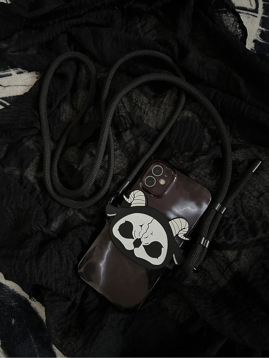 Clip Back Phone Mobile With Gothic Grim Black and White Reaper Crossbody Strap