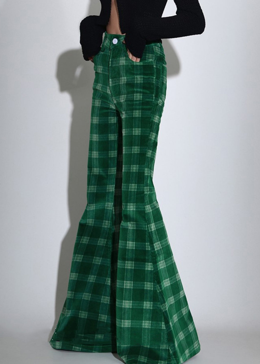 Chic Green Plaid Pockets Corduroy Flare Bottoms Spring TT1012