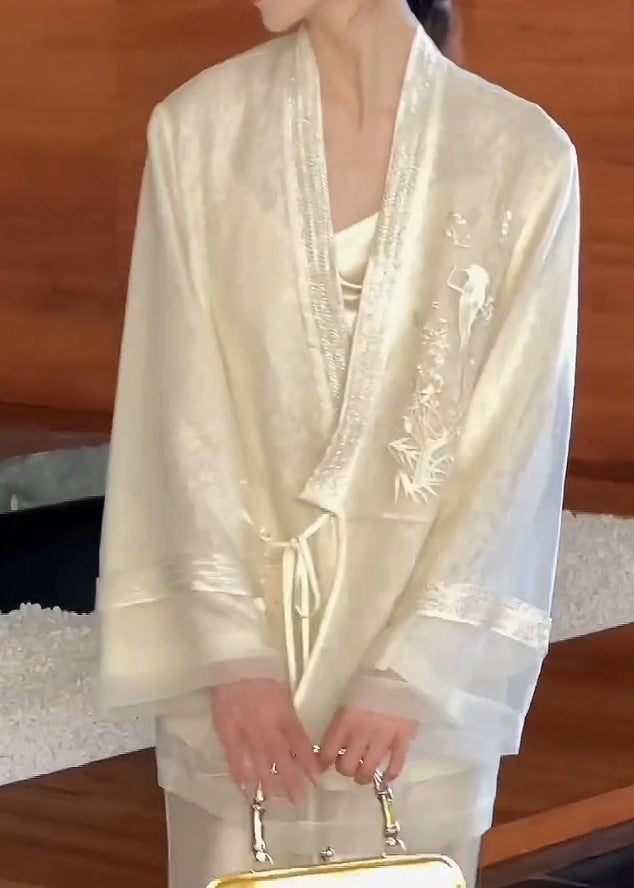 Beige Silk Up Embroidered Vintage Cardigan V Lace Neck Spring