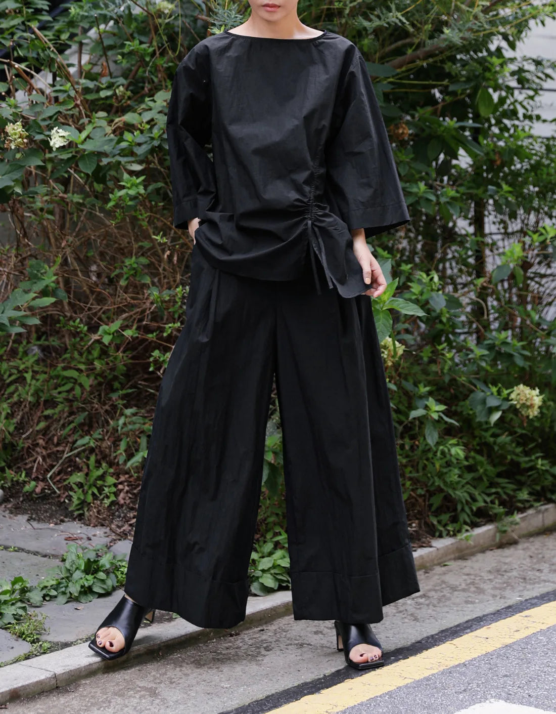 Waist Wide-Leg Pants Organic Elastic Khaki