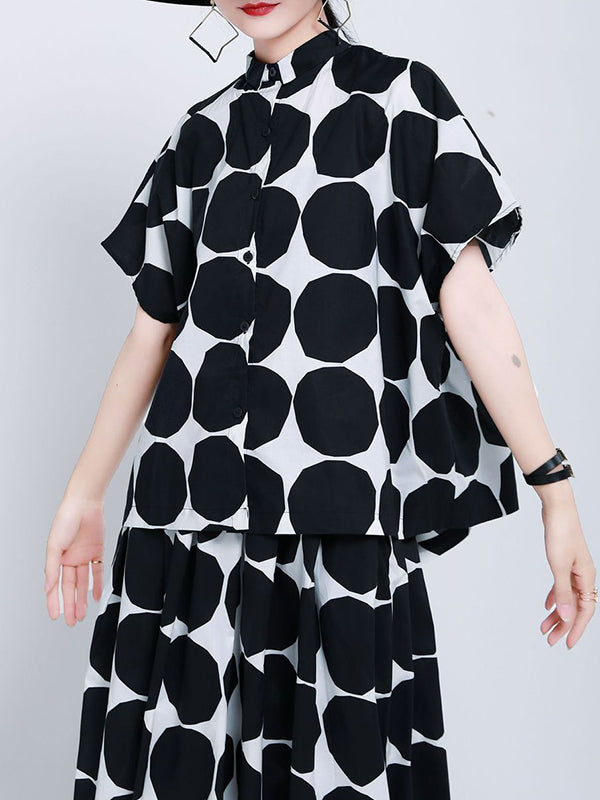 Mock Stylish Polka-Dot Shirt High Black Buttoned Neck Pockets