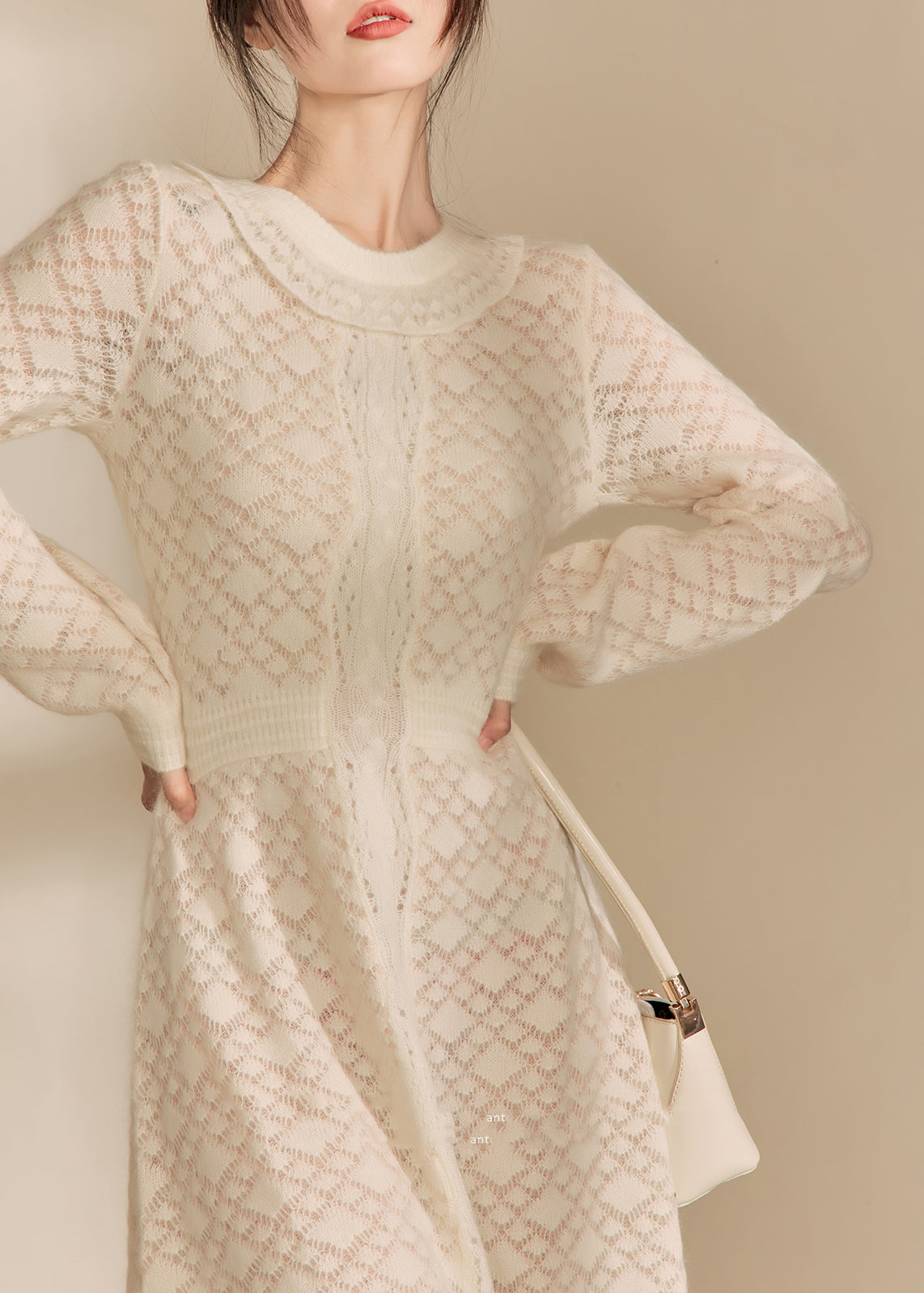 French Beige O Neck Jacquard Knitted Dress Fall WV013