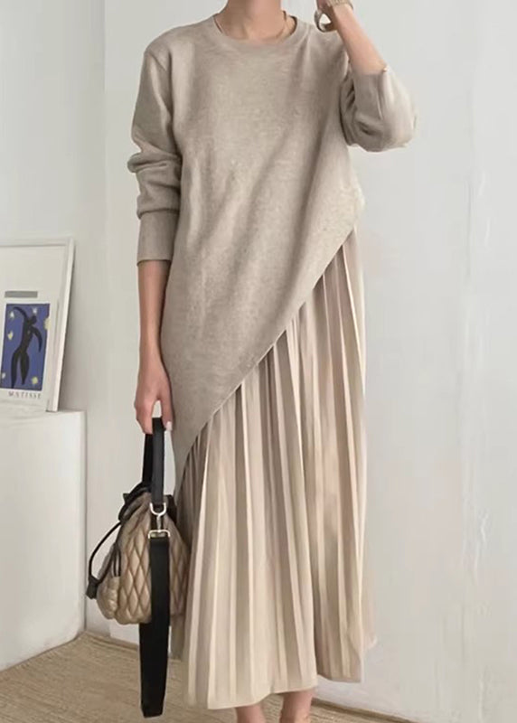 Set Piece Dress Knit Two Asymmetrical Beautiful Wrinkled Khaki