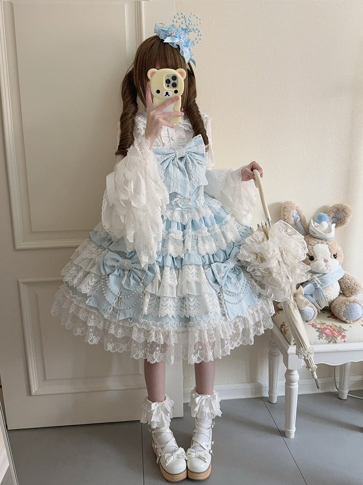 Skirt Bows Decoration Lolita Tiered Hanayome Blue Big Dress