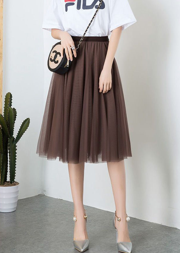 Fashion Brown High Waist Exra Large Hem Tulle Pleated Skirt Spring TT1034