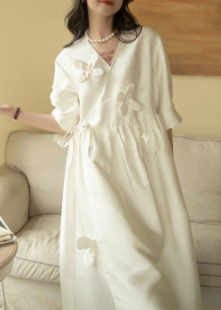 Neck Long Dress White Floral Chic Lace Cotton Summer Up V