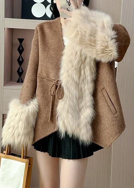 Elegant Caramel Fox Collar Patchwork Tie Waist Woolen Coats Fall RY016