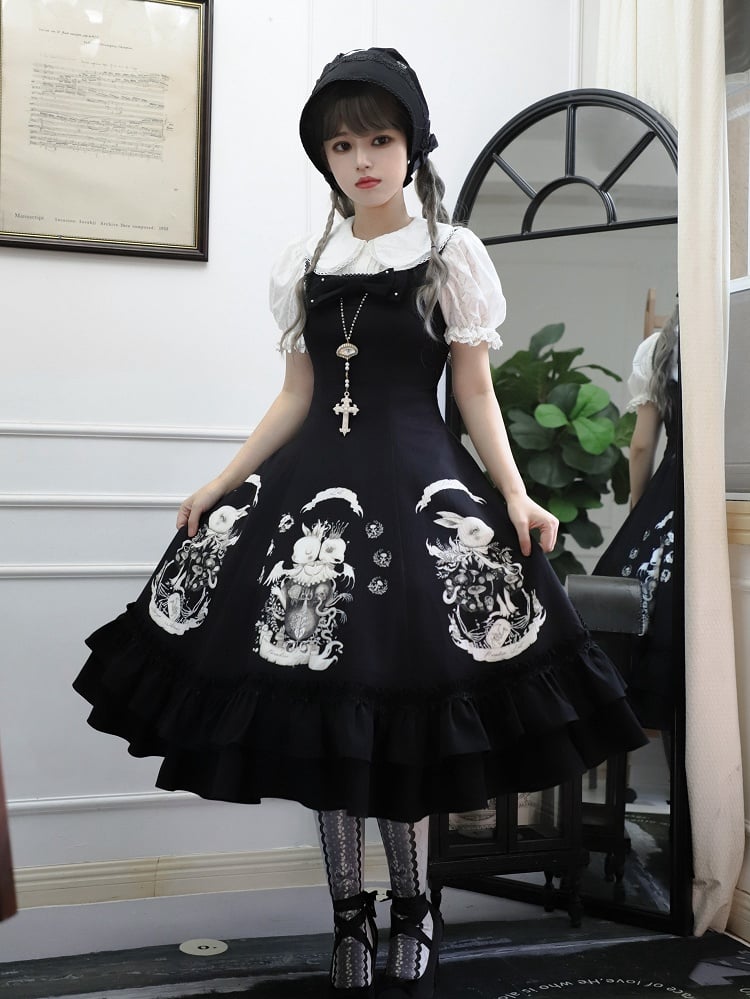 Print Fit Gothic Slim Waist Dark Black Lolita Dress Bunny