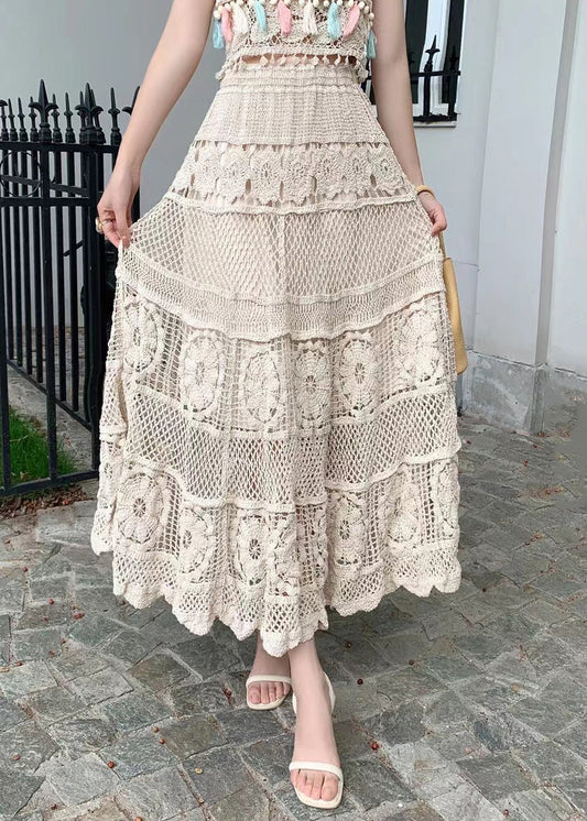 Out Summer Loose Elastic Skirts Hollow Apricot Waist