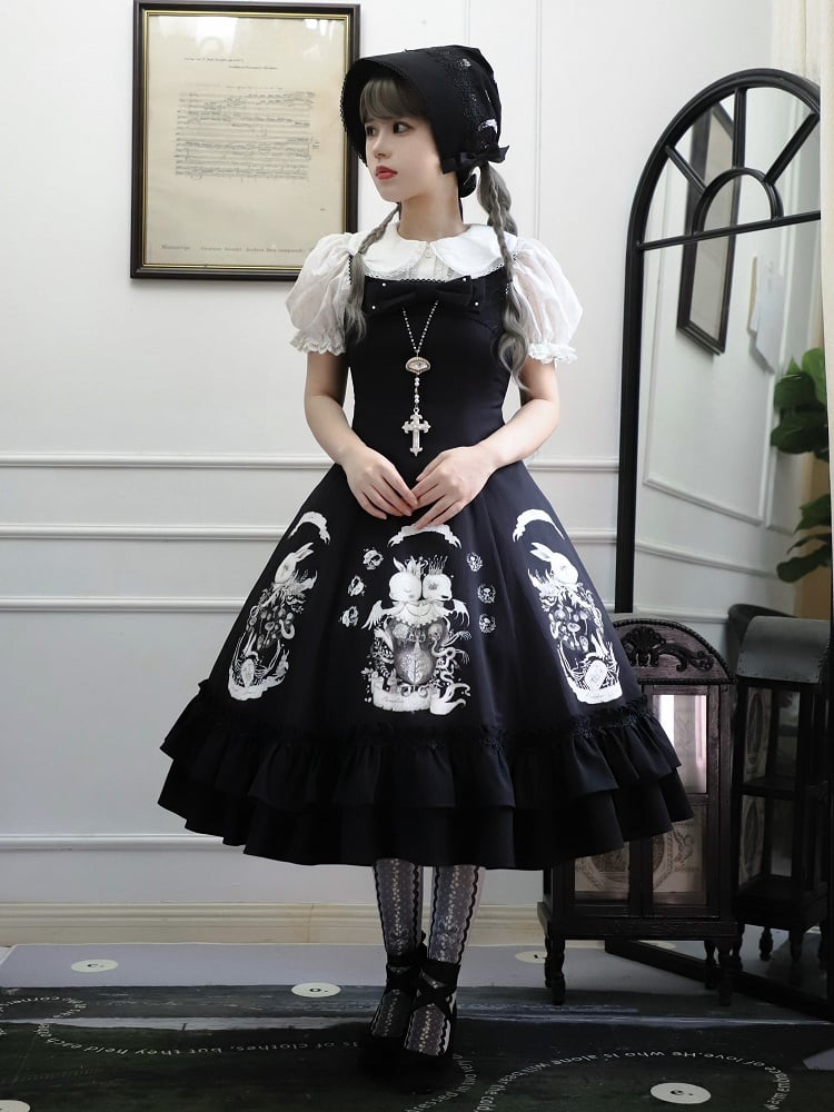Print Fit Gothic Slim Waist Dark Black Lolita Dress Bunny