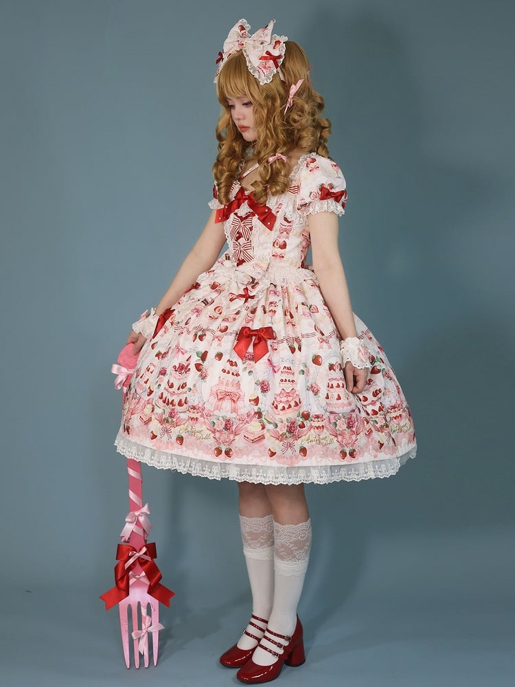 / White Lolita Print Accents Strawberry Bow Sweet Full Dress Cake Set
