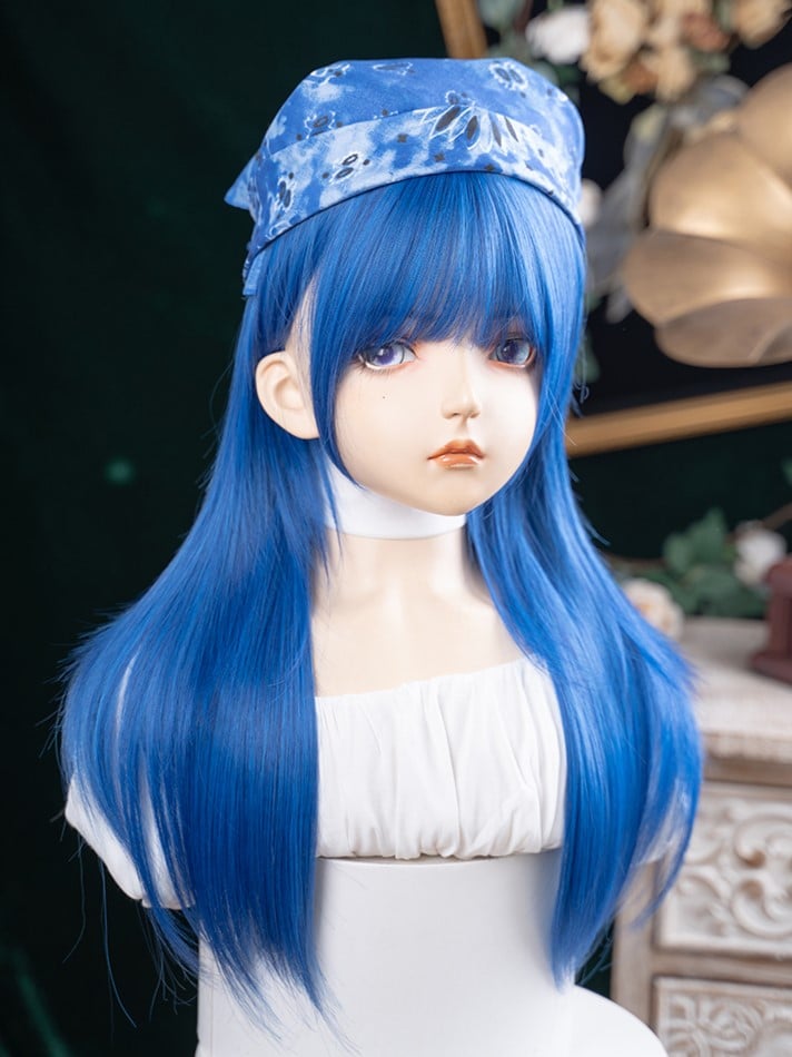 Blue 63CM Bangs Full Length With Straight Wig