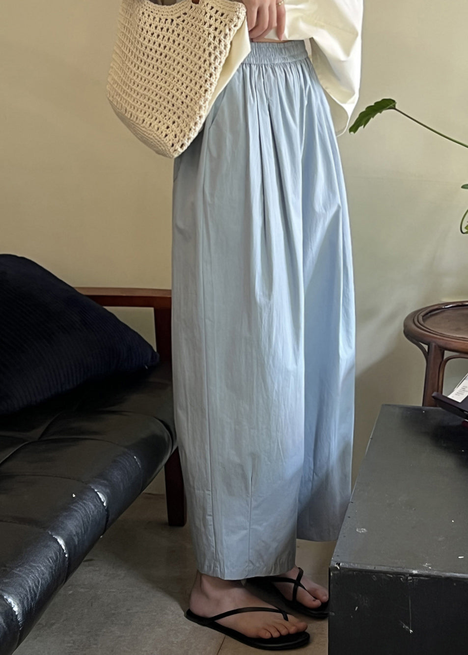 Cotton Waist Solid Elastic Summer Crop Pants Loose Blue