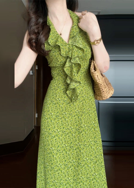 Ruffled New Cotton Print Dress Long Green Sleeveless