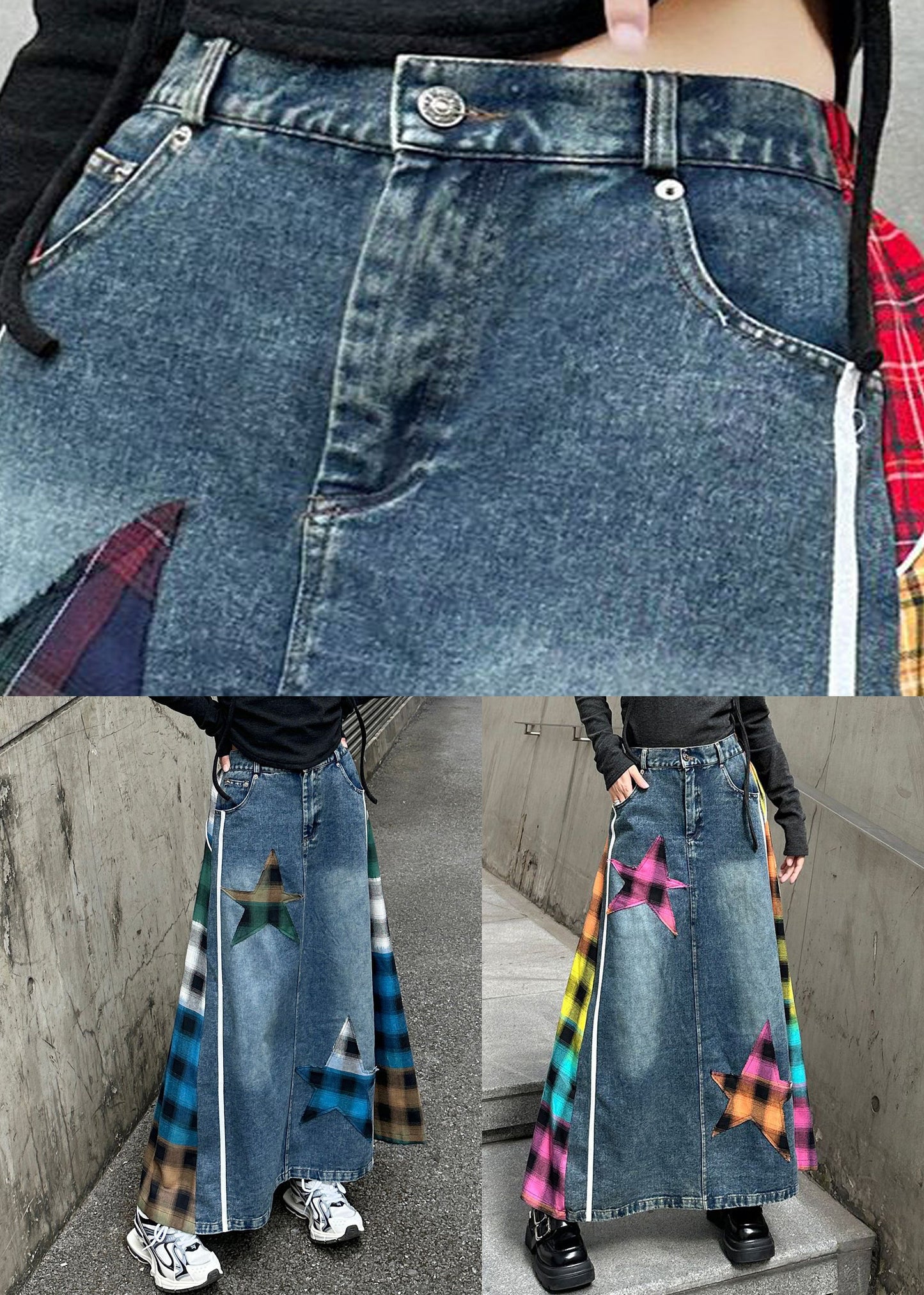 Spring Patchwork Plaid High Denim Waist Blue Loose Skirt