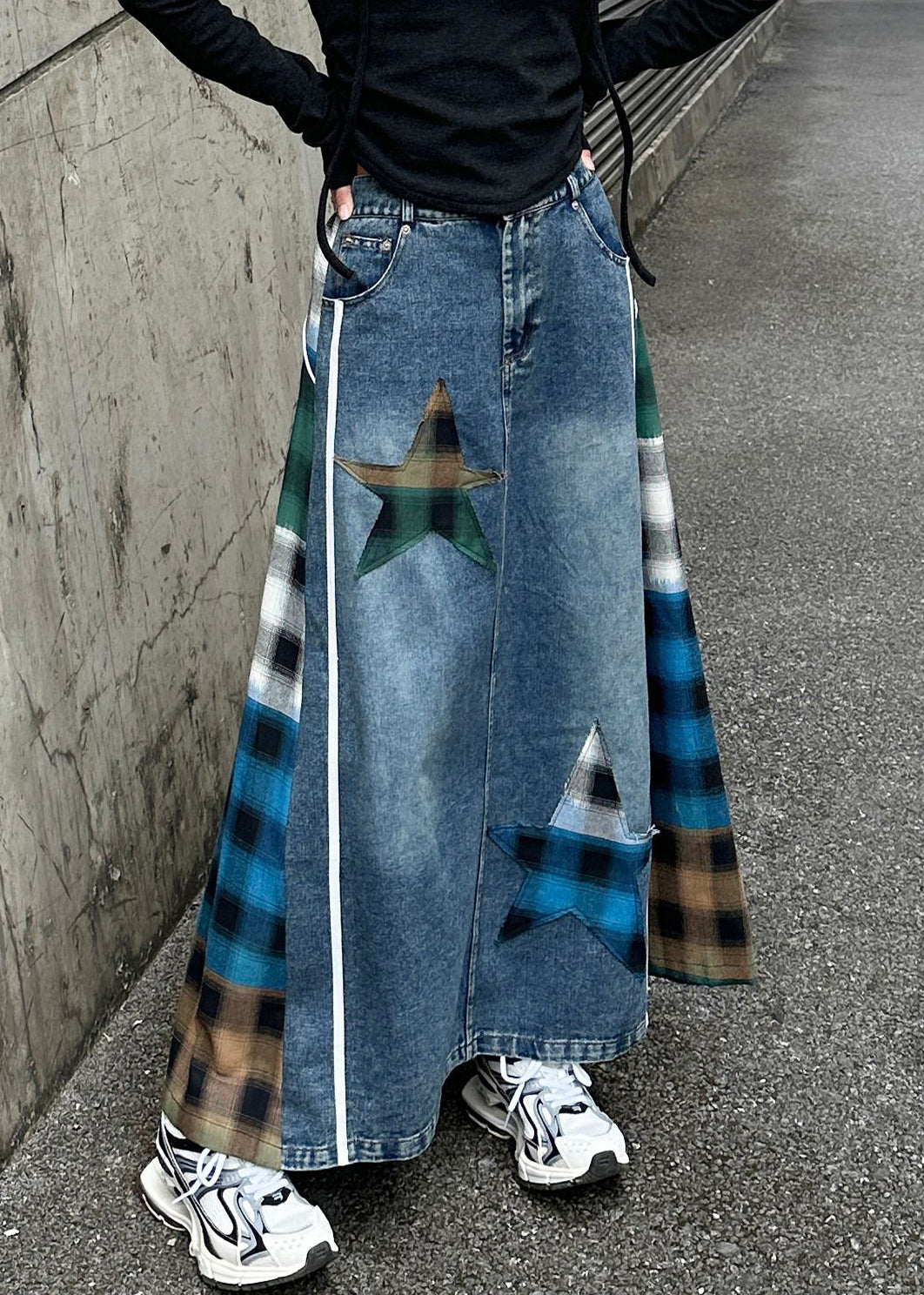 Spring Patchwork Plaid High Denim Waist Blue Loose Skirt