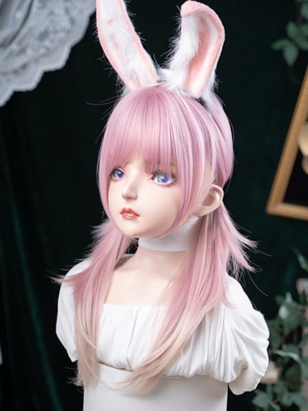 Ombre 68CM Wig Bangs Length Straight Hair Air Pink Color With