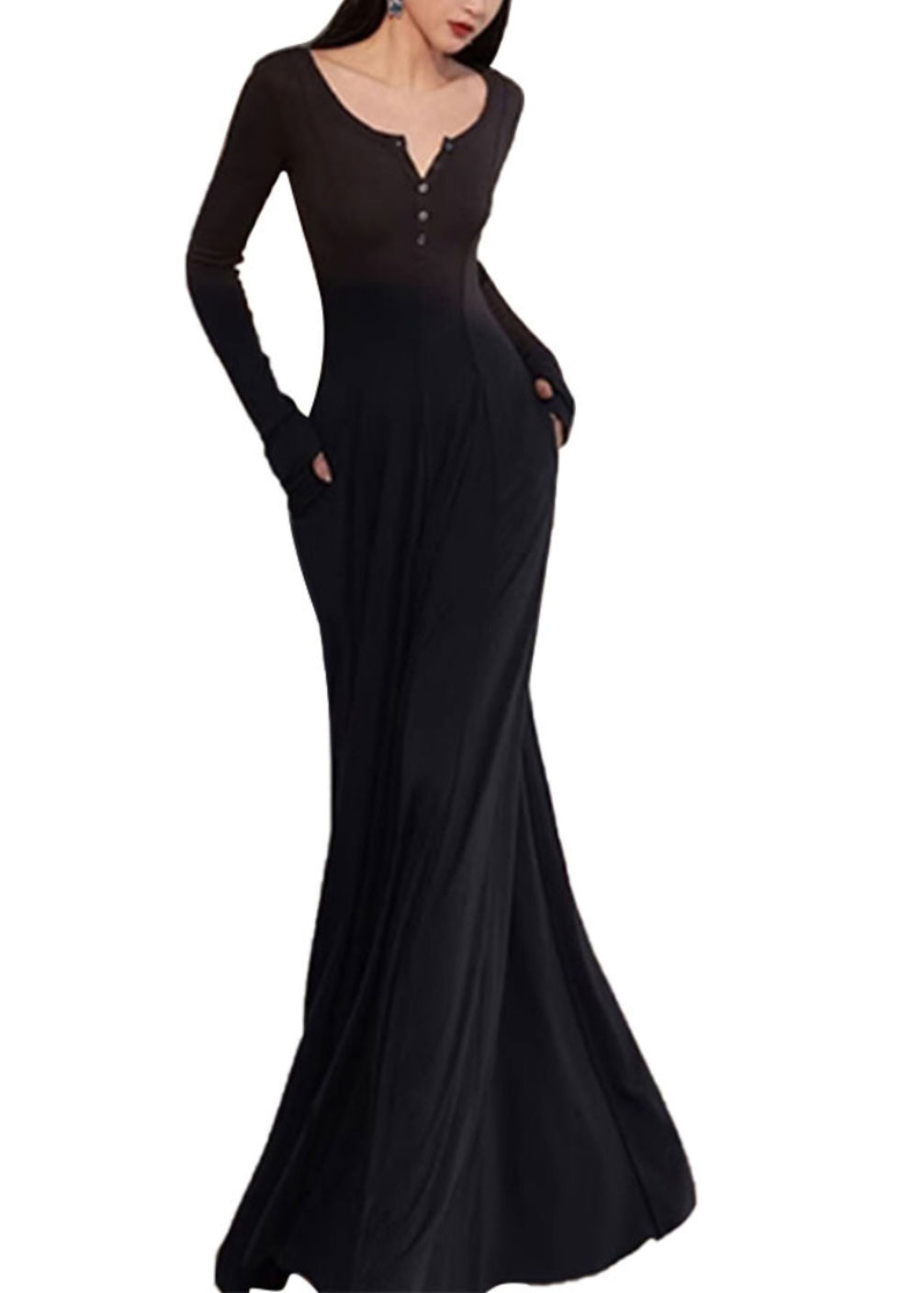 Black V Simple New Long Cotton Slim Dress Neck Fit Spring