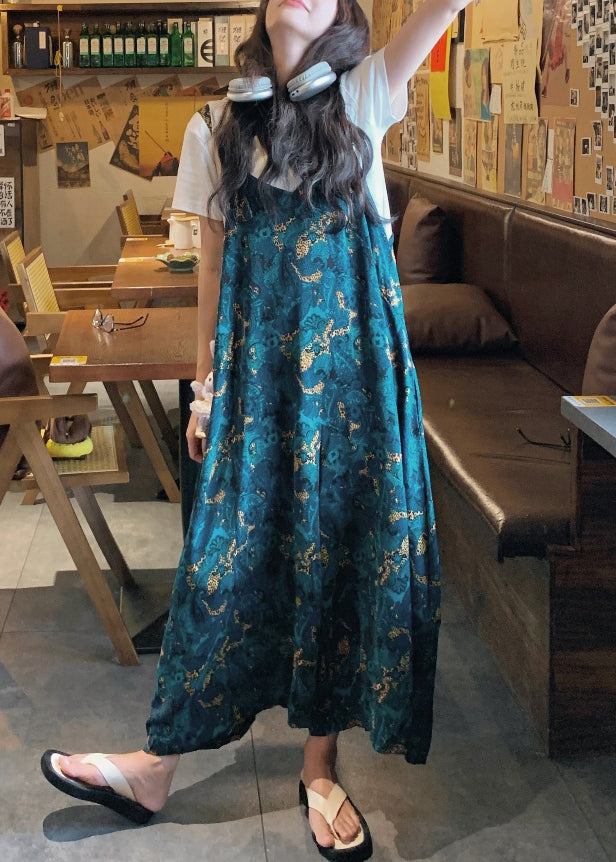 Loose Pants Cotton High Summer Jumpsuits Waist Print Blue