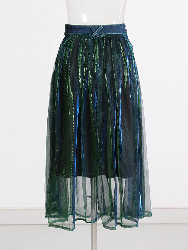 Denim A-Line Green Belted Skirt High Tulle Waisted Shiny Chic